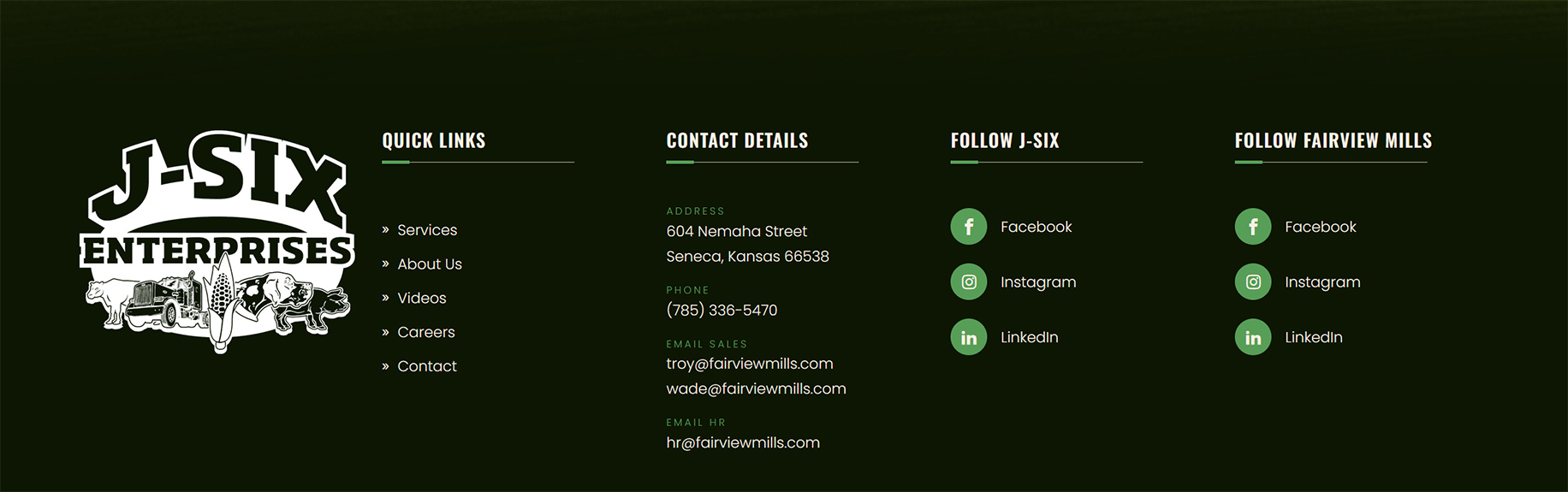 J-Six footer with additional social links for J-Six and Fairview Mills